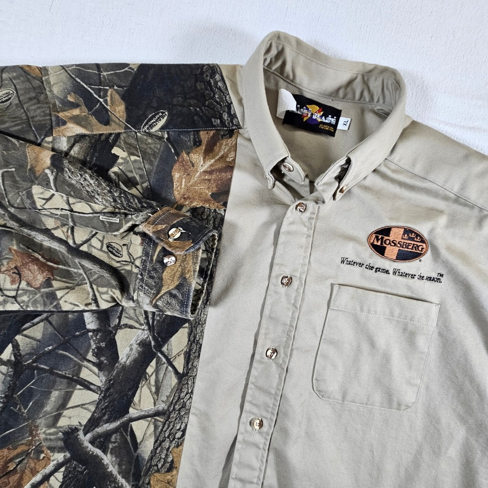 Wrap It Up Janet Blaze Mossberg Shirt Mens XL Khaki Camo Split Panel Hunting USA